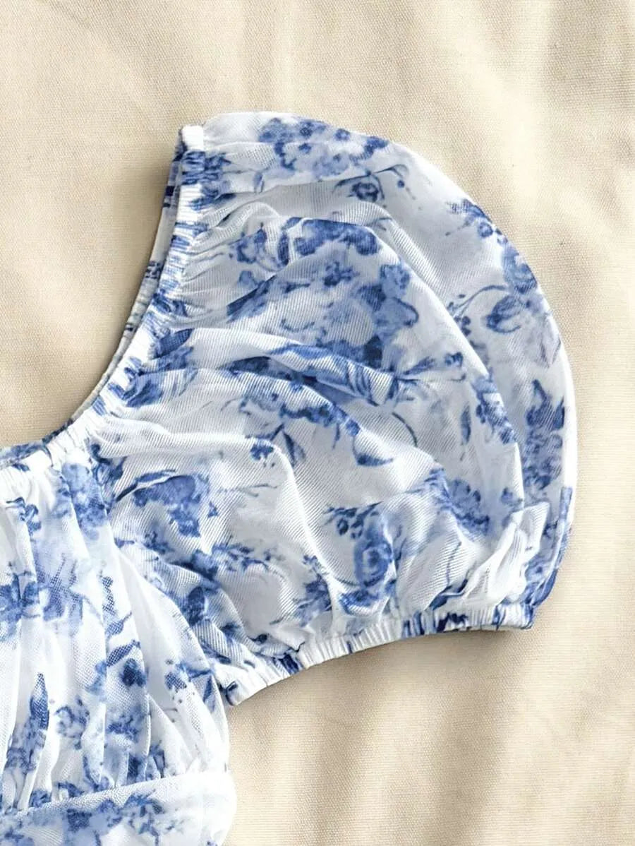 Teen Girls' Blue & White Floral Halter Dress – Bohemian Valentine’s Day Beach Dress for Holiday, Vintage & Summer Outfits