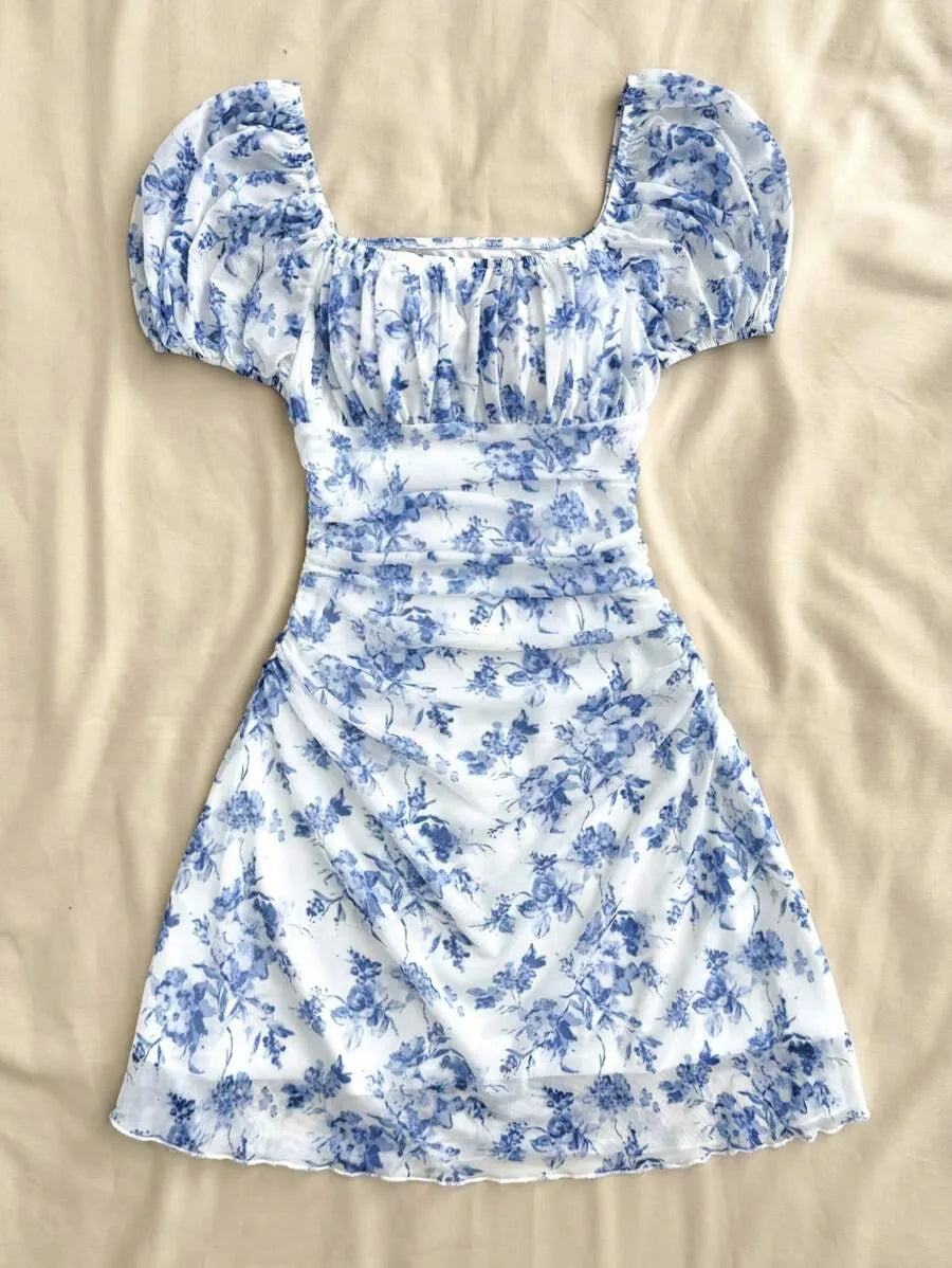 Teen Girls' Blue & White Floral Halter Dress – Bohemian Valentine’s Day Beach Dress for Holiday, Vintage & Summer Outfits
