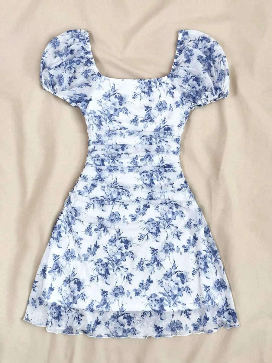 Teen Girls' Blue & White Floral Halter Dress – Bohemian Valentine’s Day Beach Dress for Holiday, Vintage & Summer Outfits