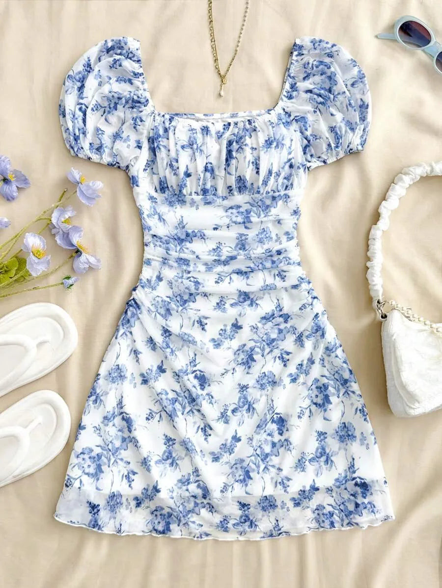 Teen Girls' Blue & White Floral Halter Dress – Bohemian Valentine’s Day Beach Dress for Holiday, Vintage & Summer Outfits