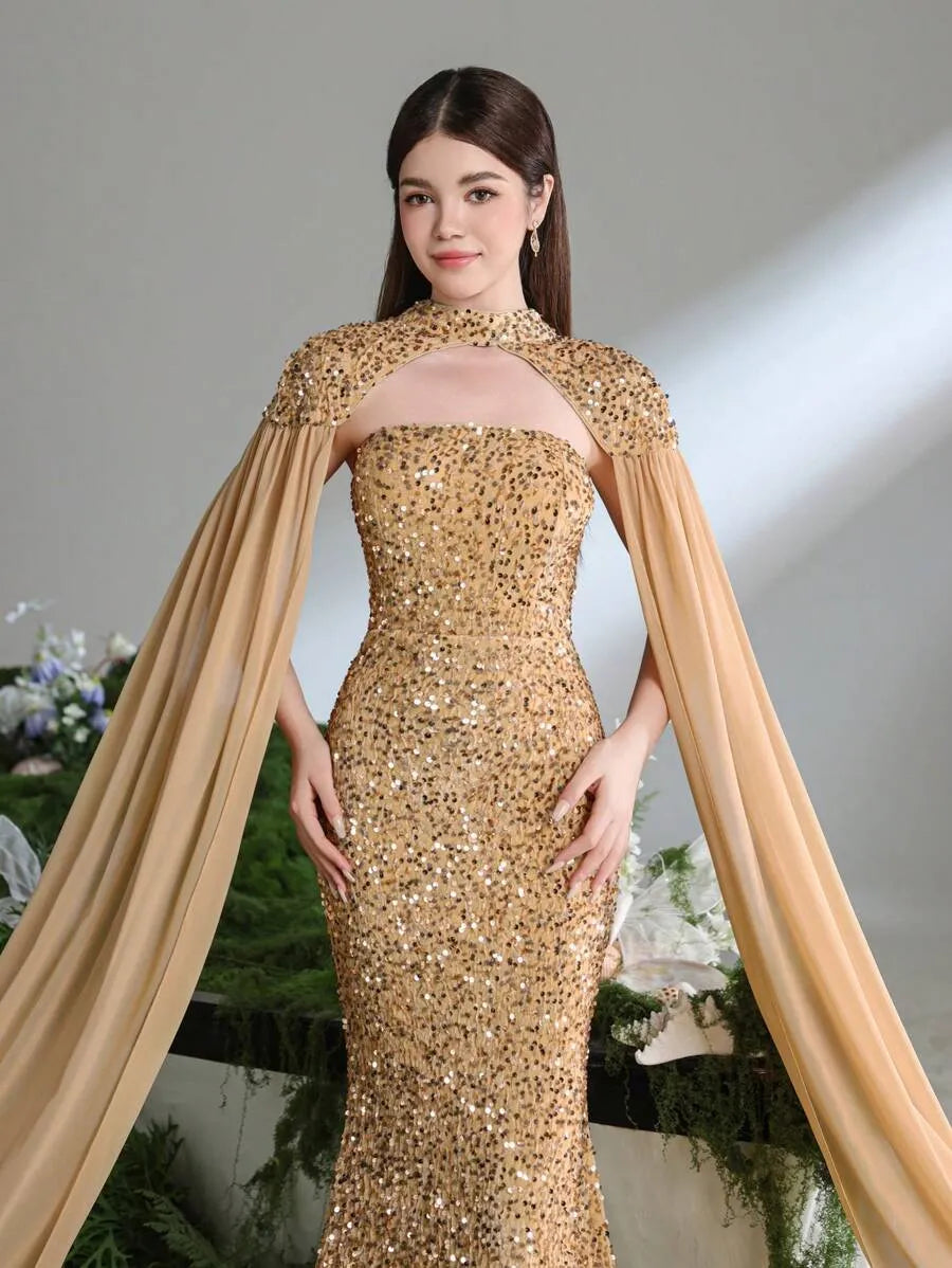 Teen Girls' Mermaid Evening Gown – Floor-Length Dress with Chiffon Cape Sleeves for Formal Galas, Graduation & Ceremonial Wear