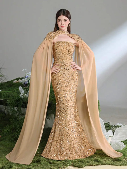 Teen Girls' Mermaid Evening Gown – Floor-Length Dress with Chiffon Cape Sleeves for Formal Galas, Graduation & Ceremonial Wear