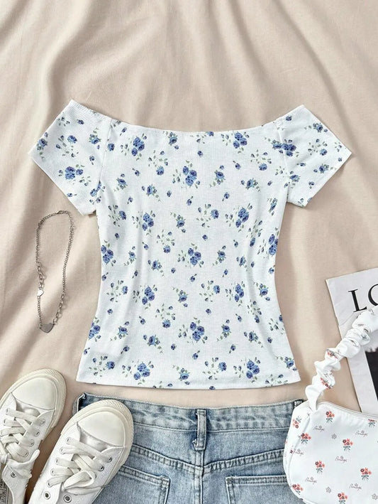 Teen Girls' White Floral Off Shoulder T-Shirt – Casual Summer Top for Home, School & Everyday Wear