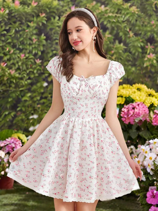 Teen Girls' White Ditsy Floral Ruffle Dress – Cottagecore Puff Shoulder Dress for Back-to-School, Picnics & Casual Wear