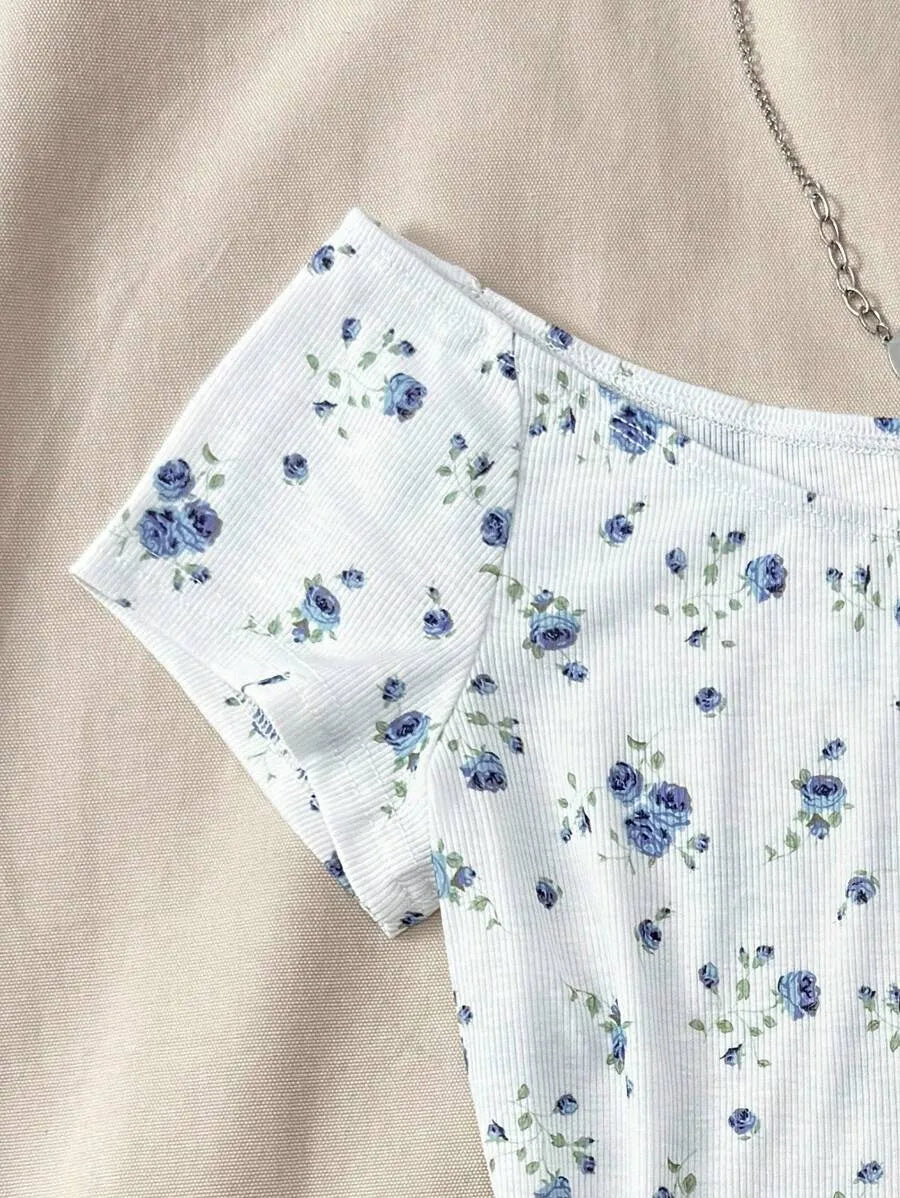 Teen Girls' White Floral Off Shoulder T-Shirt – Casual Summer Top for Home, School & Everyday Wear