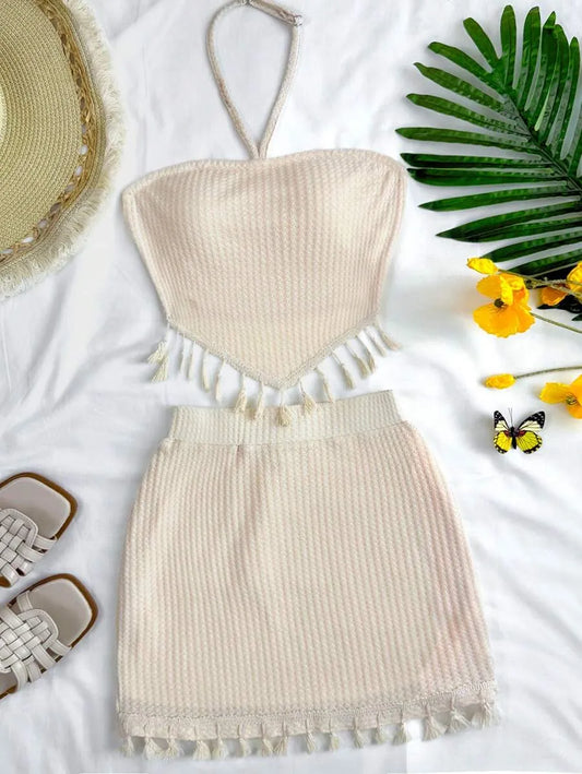 Teen Girls' Boho Tassel Trim Halter Top & Skirt Set – Backless Tie Design for Summer Vacation, Back-to-School, Picnic & Casual Wear