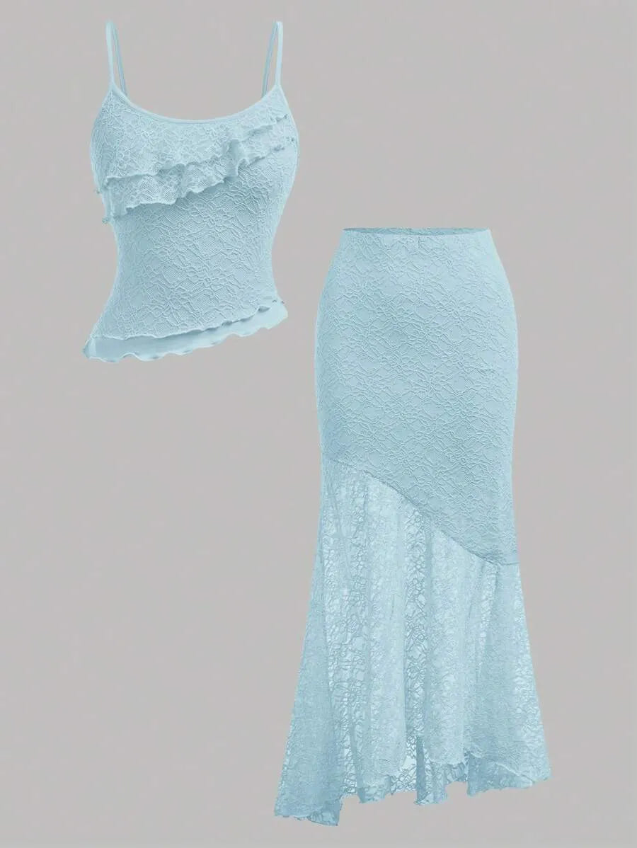 Teen Girls' Lace Cami & Mermaid Skirt Set – Blue Asymmetrical Two-Piece Outfit for Parties, Weddings & Summer Events