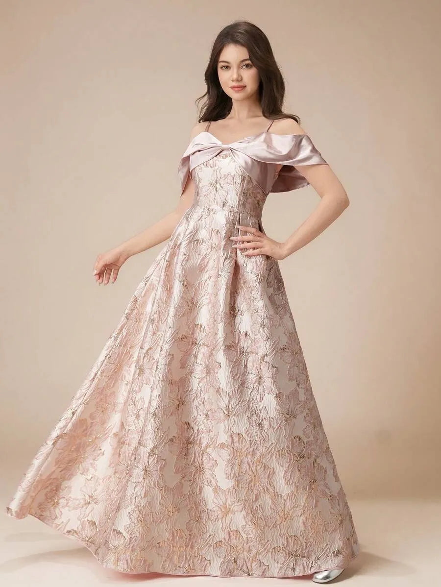 Teen Girls' Off Shoulder Glossy Jacquard A-Line Dress – Long Ball Gown with Bow for Flower Girl, Pageant & Formal Events