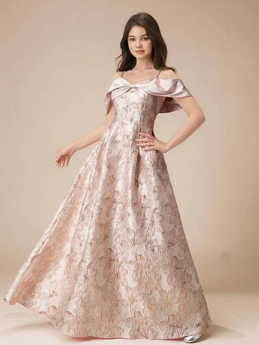 Teen Girls' Off Shoulder Glossy Jacquard A-Line Dress – Long Ball Gown with Bow for Flower Girl, Pageant & Formal Events