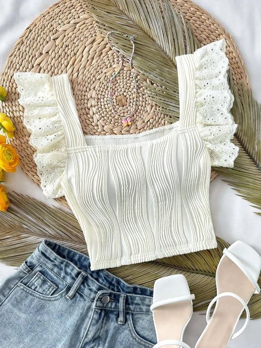 Teen Girls' White Square Neck Textured T-Shirt – Elegant Cap Sleeve Summer Vacation Top