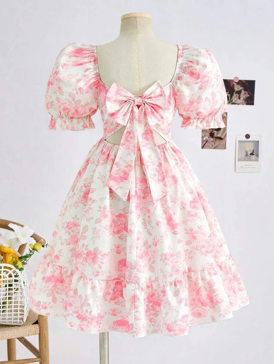 Teen Girls' Puff Sleeve Backless Floral Dress – Waist-Cinched A-Line Vacation Dress for Spring & Summer