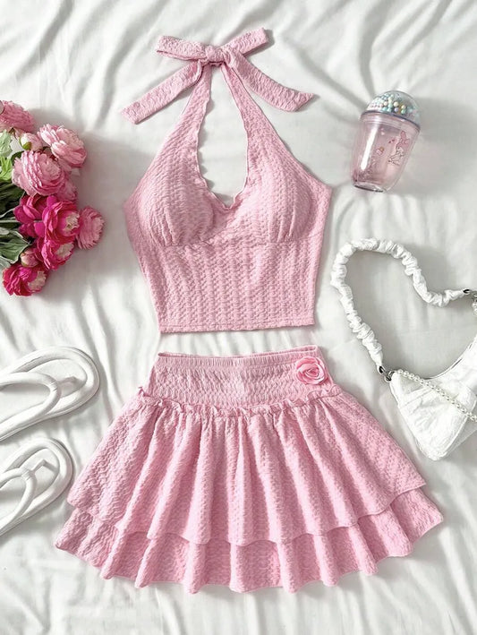 Teen Girls' Floral Ruffled Halter Top & A-Line Skirt Set – Summer Vacation Two-Piece Outfit