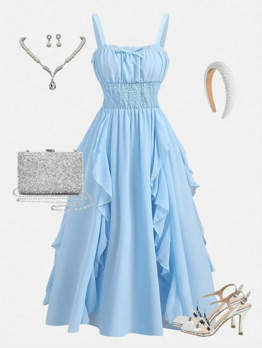 Teen Girls' Chiffon Ruffle Strap Dress – Solid Color Elegant Dress for Tea Parties & Casual Events