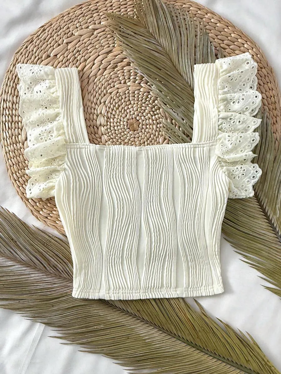 Teen Girls' White Square Neck Textured T-Shirt – Elegant Cap Sleeve Summer Vacation Top