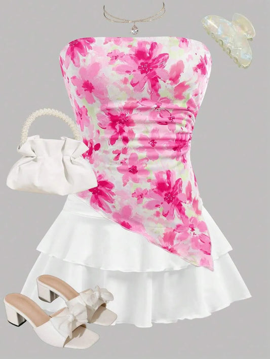 Teen Girls' Blue & White Floral Crop Top & Skirt Set – Asymmetrical Ruched Hem Layered Holiday Outfit