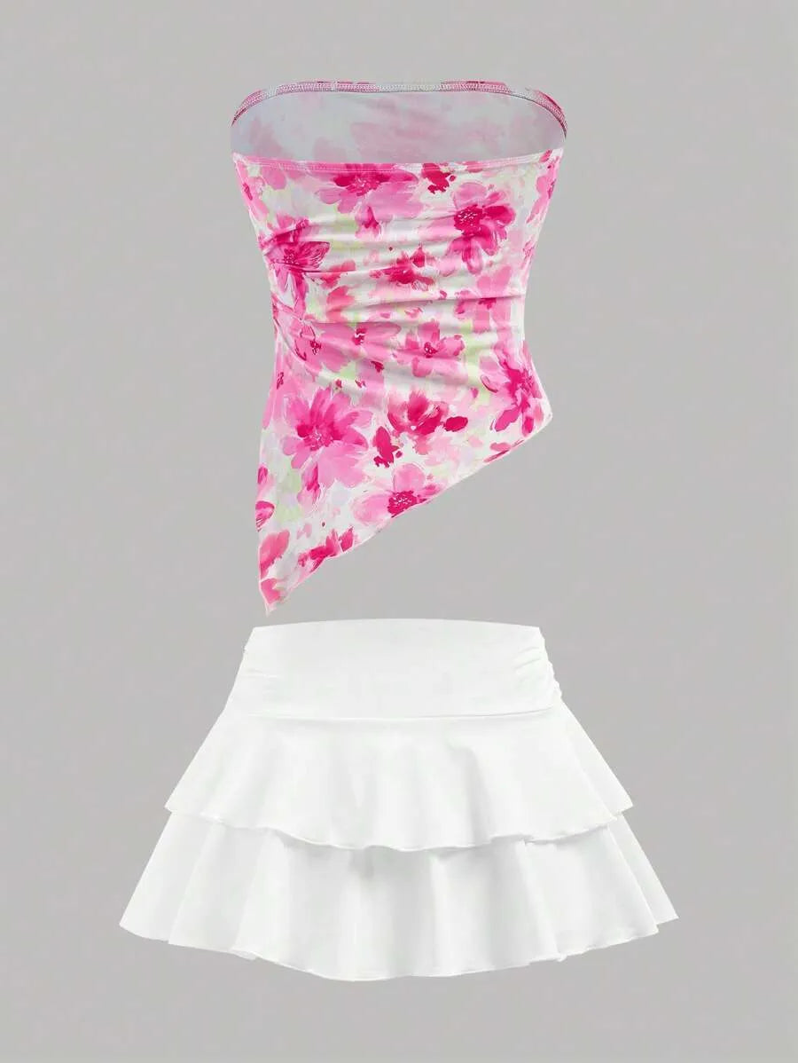 Teen Girls' Blue & White Floral Crop Top & Skirt Set – Asymmetrical Ruched Hem Layered Holiday Outfit