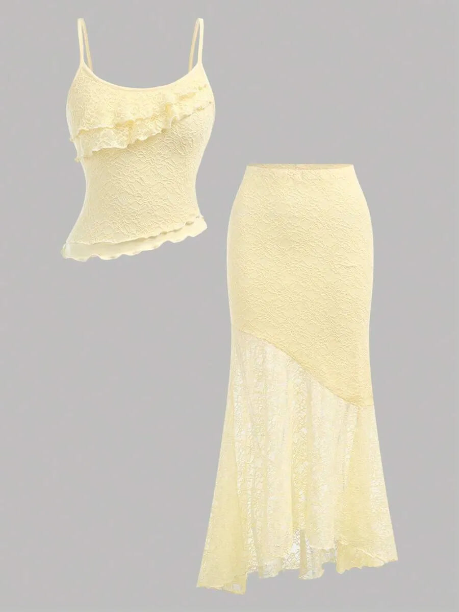Teen Girls' Lace Cami & Mermaid Skirt Set – Blue Asymmetrical Two-Piece Outfit for Parties, Weddings & Summer Events