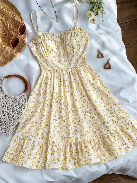 Teen Girls' Yellow Ditsy Floral Slip Dress – Woven Casual Dress for Sweet Spring & Summer Outfits