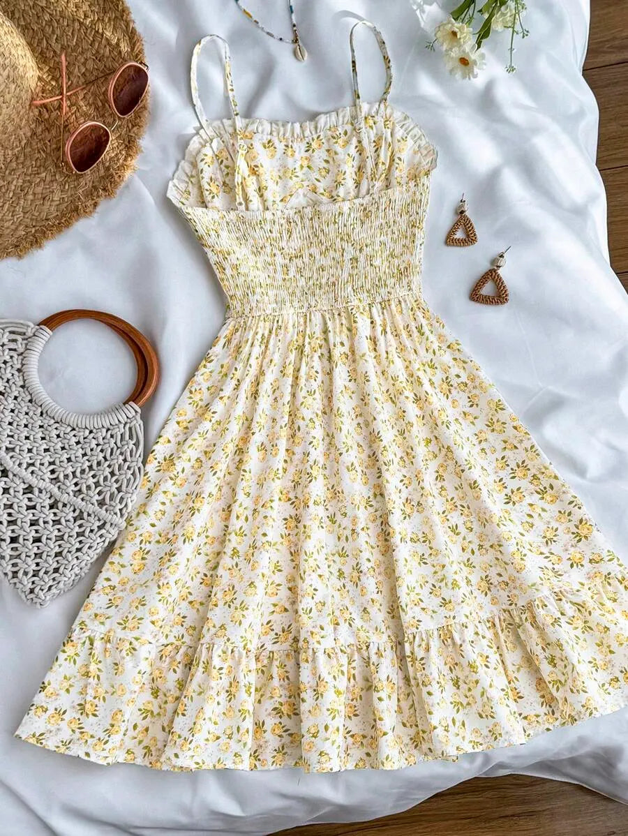 Teen Girls' Yellow Ditsy Floral Slip Dress – Woven Casual Dress for Sweet Spring & Summer Outfits