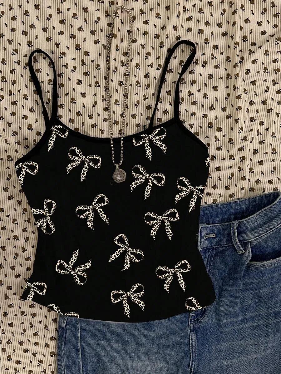 Women's Angola Red Ditsy Floral Cami Top – Vintage Curly Retro Roman Style Summer Crop Top for Teen Girls