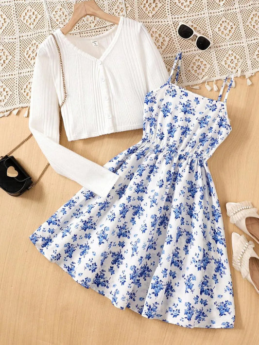 Teen Girls' Ribbed Cardigan & Ditsy Floral Dress Set – Vintage Summer Two-Piece Outfit for Holidays & Casual Days