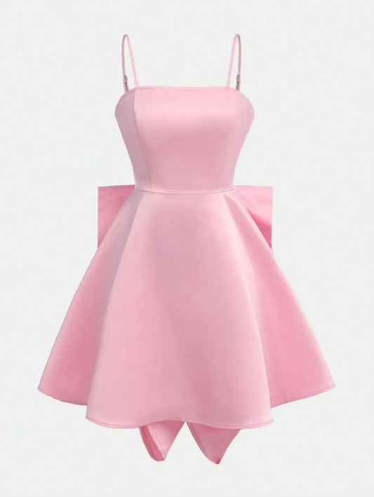 Teen Girls' Satin Camisole Dress with Removable Bow – Graduation Dress for Elegant Events