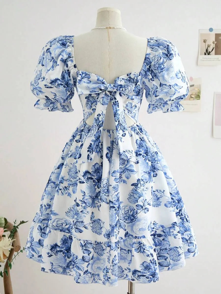 Teen Girls' Puff Sleeve Backless Floral Dress – Waist-Cinched A-Line Vacation Dress for Spring & Summer