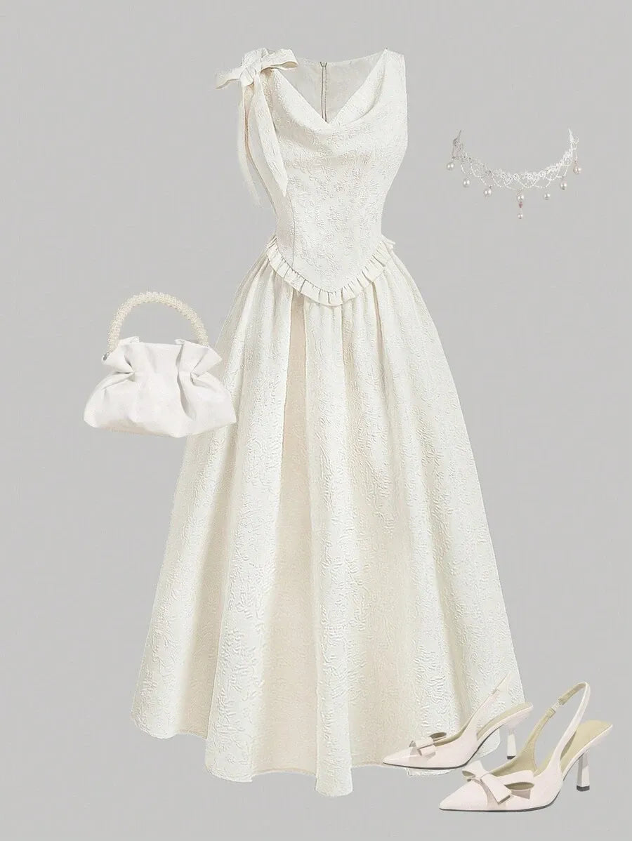 Teen Girls' Sleeveless Jacquard Dress – Elegant Solid Color Woven Design with Removable Bow Collar