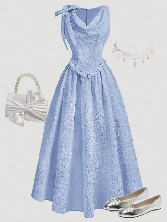 Teen Girls' Sleeveless Jacquard Dress – Elegant Solid Color Woven Design with Removable Bow Collar