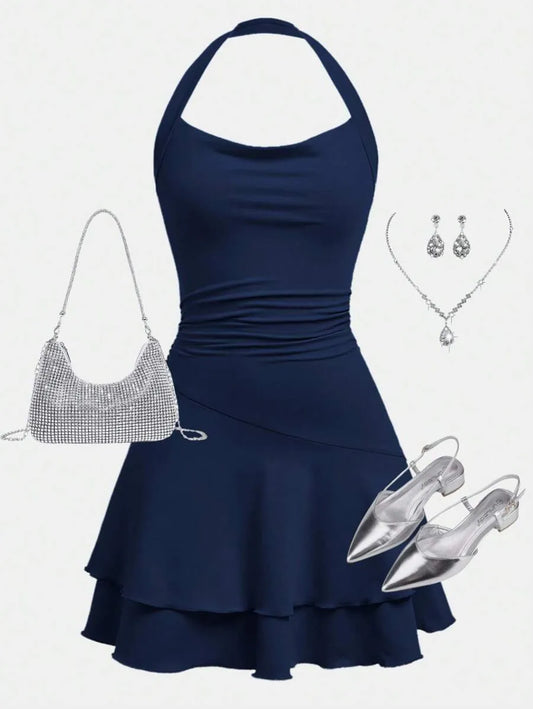 Teen Girls' Knitted Halter Skater Dress – Ruffle Hem Graduation Dress for Special Occasions