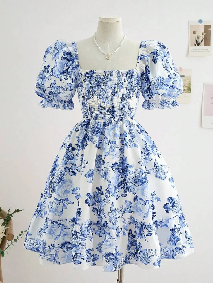 Teen Girls' Puff Sleeve Backless Floral Dress – Waist-Cinched A-Line Vacation Dress for Spring & Summer