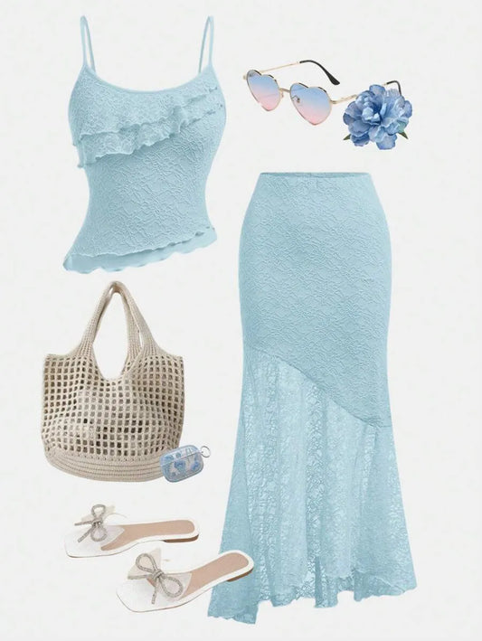 Teen Girls' Lace Cami & Mermaid Skirt Set – Blue Asymmetrical Two-Piece Outfit for Parties, Weddings & Summer Events