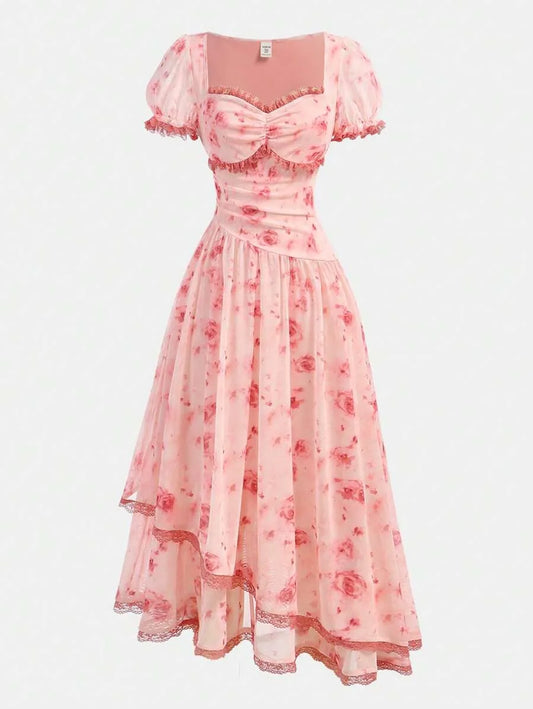 Teen Girls' Yellow Puff Sleeve Floral Dress – Elegant Spring Outfit for Parties & Special Occasions
