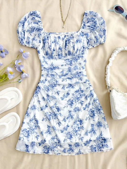 Teen Girls' Blue & White Floral Halter Dress – Bohemian Valentine’s Day Beach Dress for Holiday, Vintage & Summer Outfits